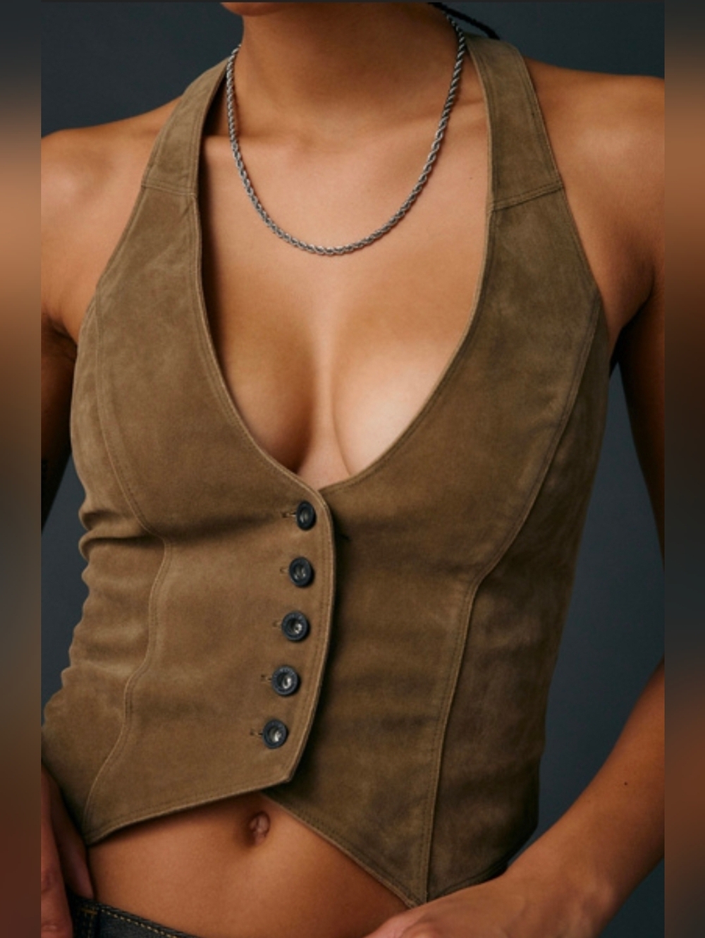 UO Faux Suede Tan Button Up Cropped Vest - Picture 3 of 5